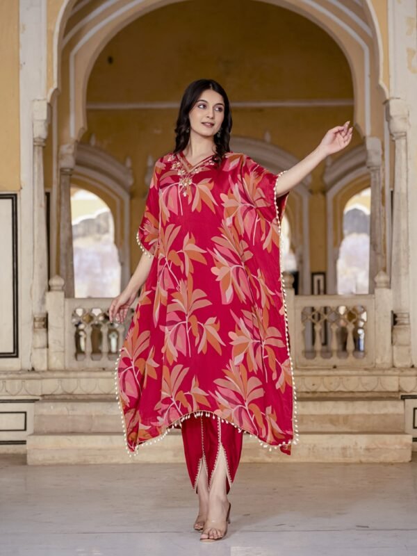 Cherry Floral Print Kaftan Kurta with Dhoti Pants  