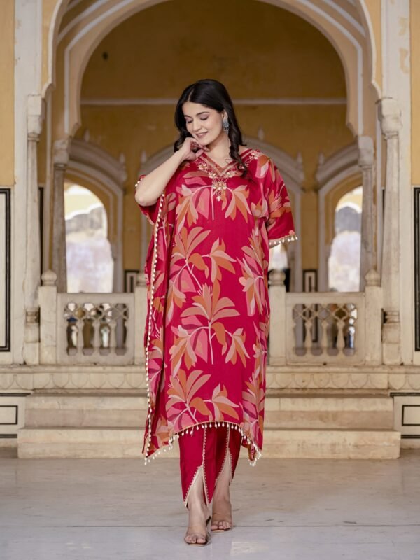 Cherry Floral Print Kaftan Kurta with Dhoti Pants  