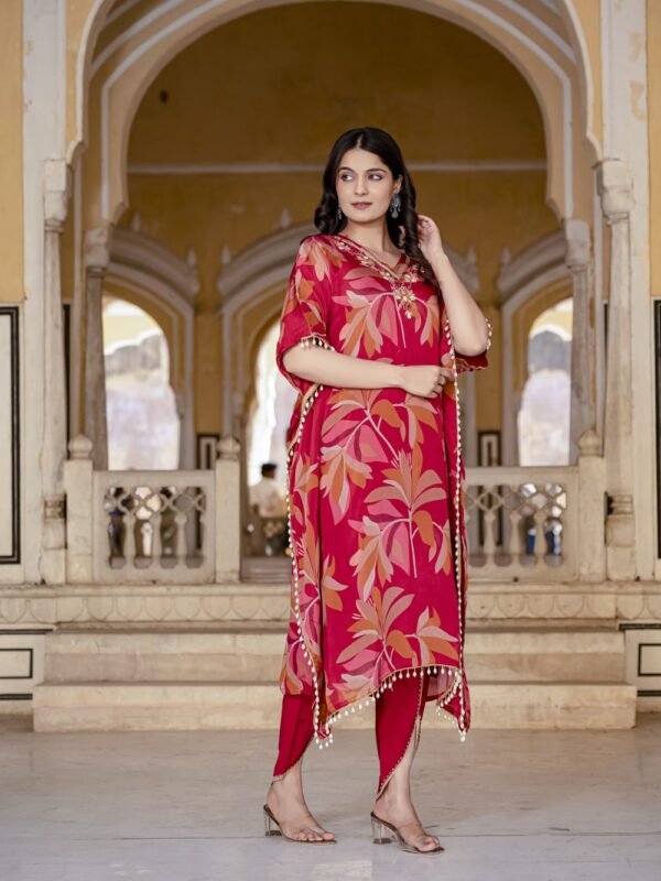 Cherry Floral Print Kaftan Kurta with Dhoti Pants  