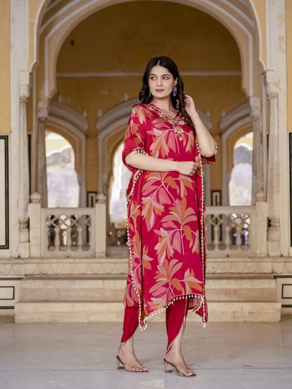 Cherry Floral Print Kaftan Kurta with Dhoti Pants  