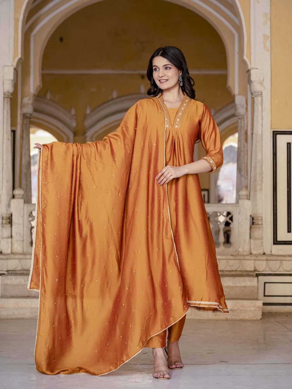 Pastel Orange Vichitra Anarkali Suit Set