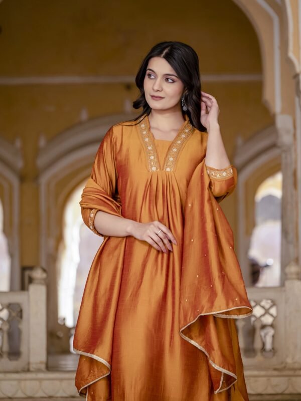 Pastel Orange Vichitra Anarkali Suit Set  