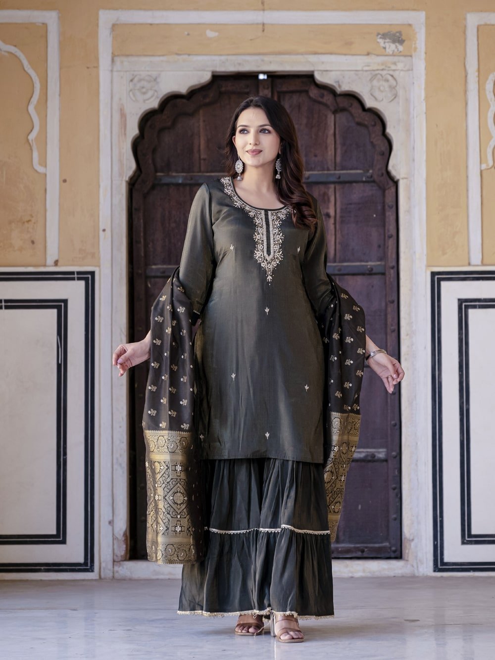 Teal green simar silk sharara set