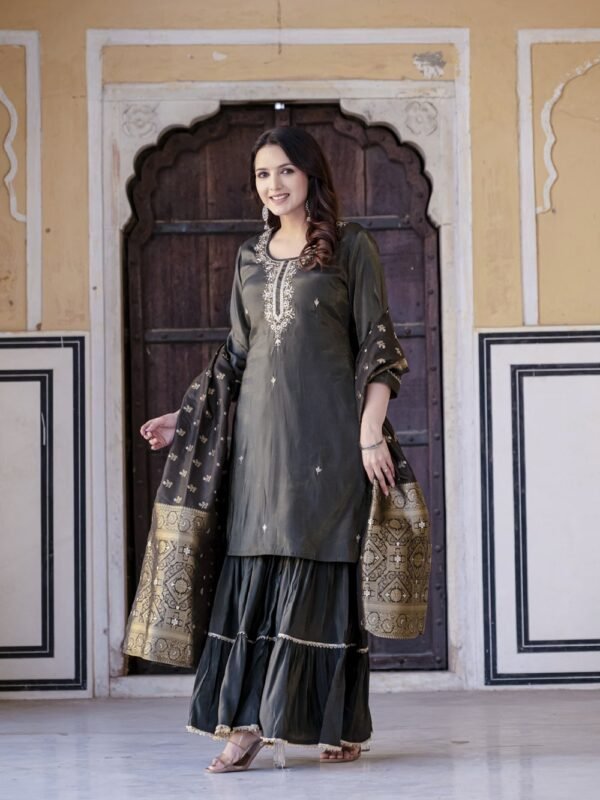 Teal green simar silk sharara set  