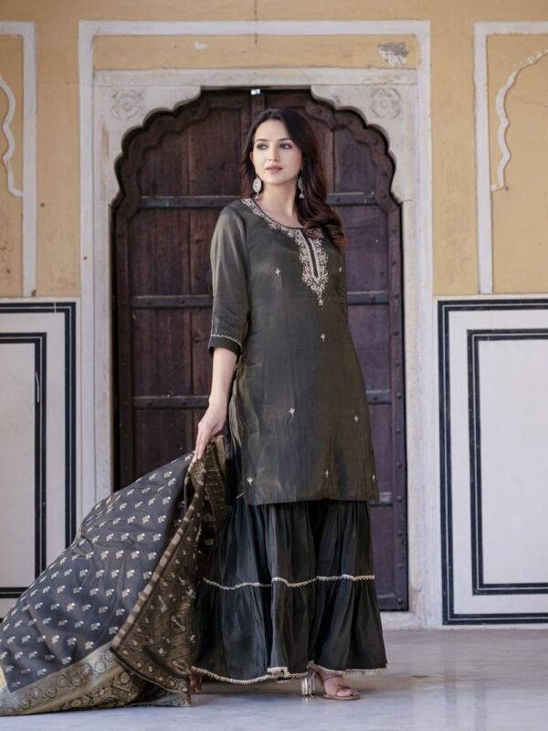 Teal green simar silk sharara set  