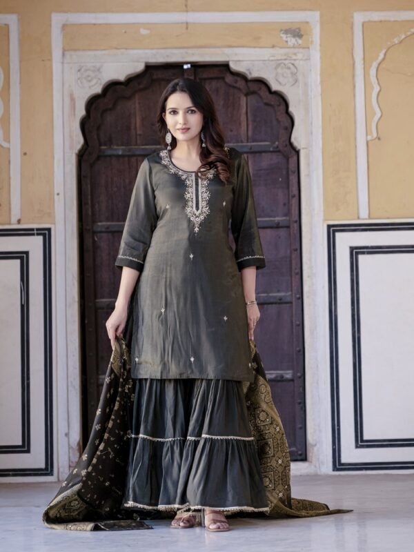 Teal green simar silk sharara set  