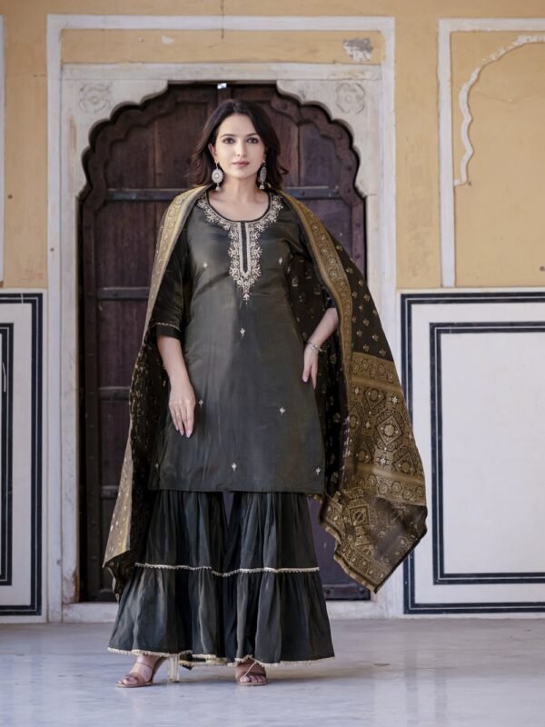 Teal green simar silk sharara set  