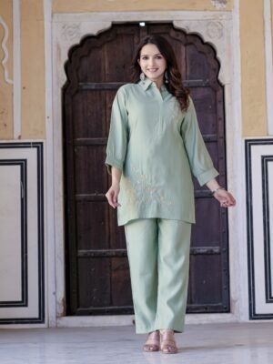 Sea Green Floral Embroidery Coord Set In Vatican Fabric