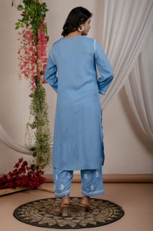 Cyan Blue Rayon Lucknowi Embroidery Kurta Set