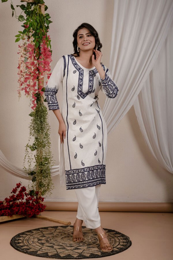 Pearl Mist Cotton Chikankari Embroidery Kurta Set.  