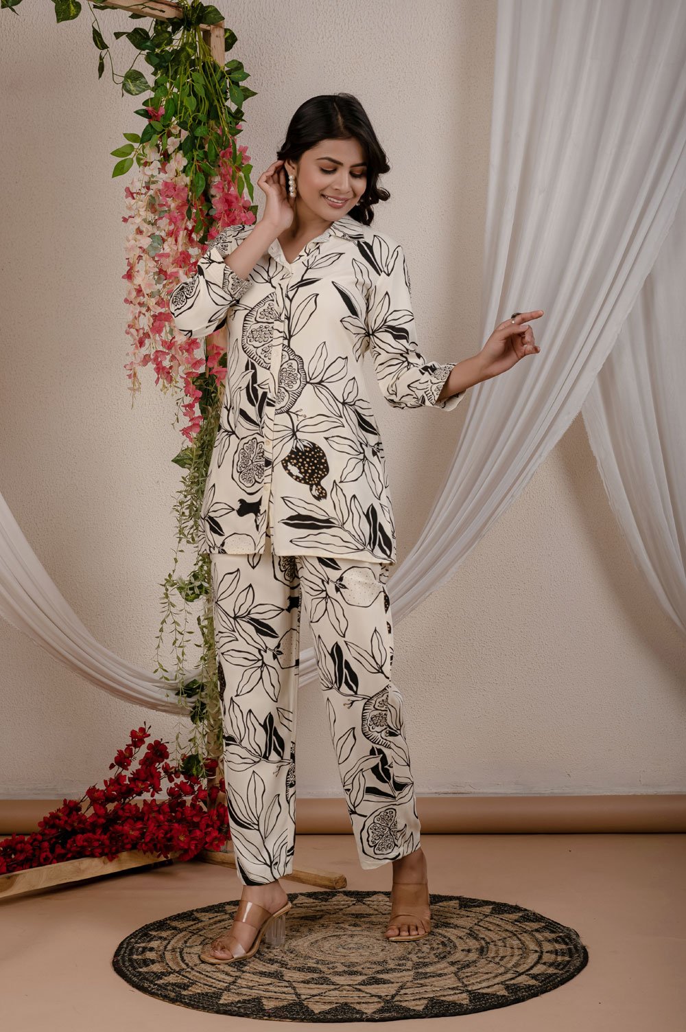 Black Floral Print Rayon Sleeveless Co-ord Set