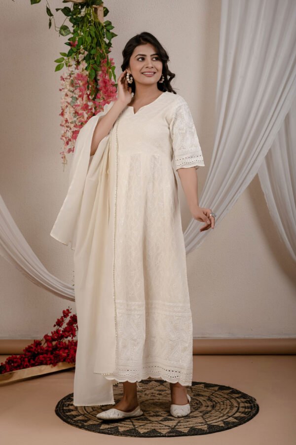 Soft Amber Cotton Chikankari Anarkali Kurta with Dupatta  