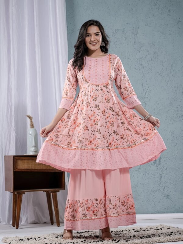 Pink Rose Cotton Floral Sharara Set  