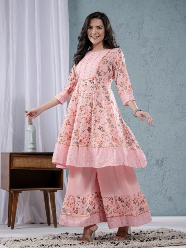 Pink Rose Cotton Floral Sharara Set  