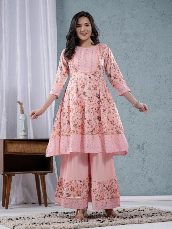 Pink Rose Cotton Floral Sharara Set  