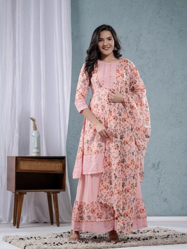 Pink Rose Cotton Floral Sharara Set  