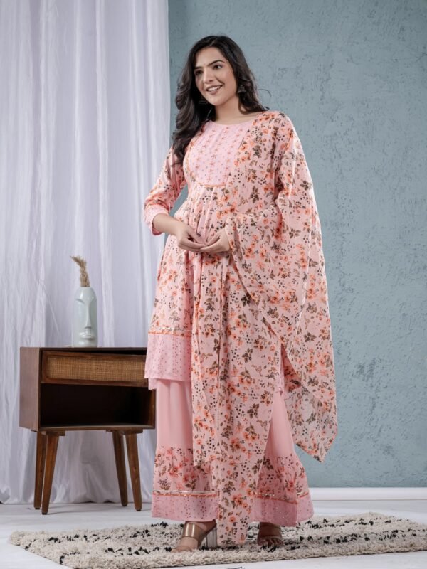 Pink Rose Cotton Floral Sharara Set  