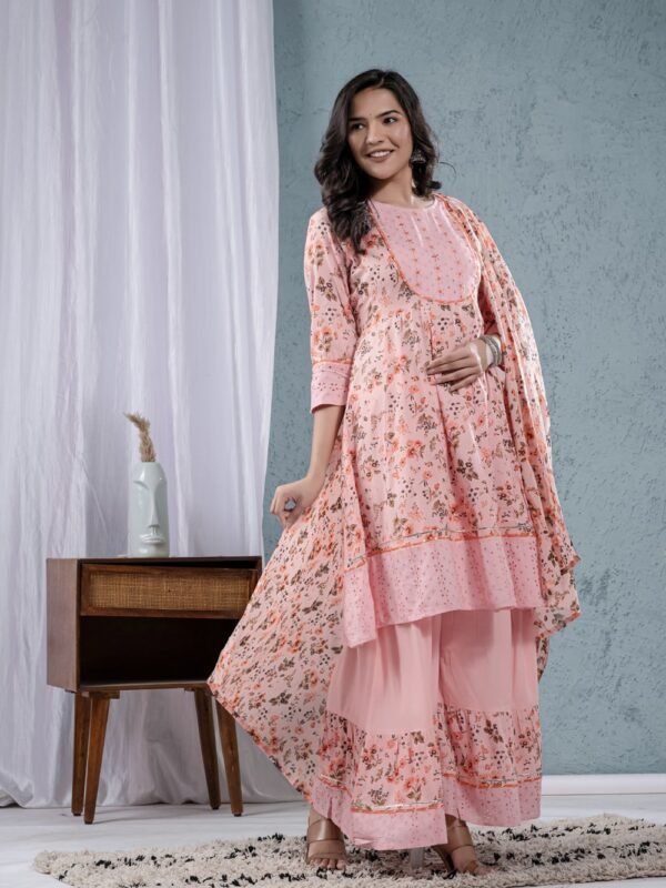 Pink Rose Cotton Floral Sharara Set  