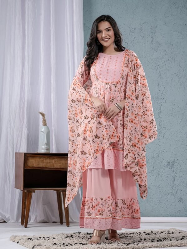 Pink Rose Cotton Floral Sharara Set  