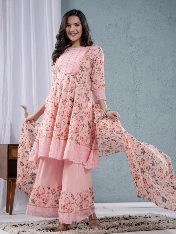 Pink Rose Cotton Floral Sharara Set  