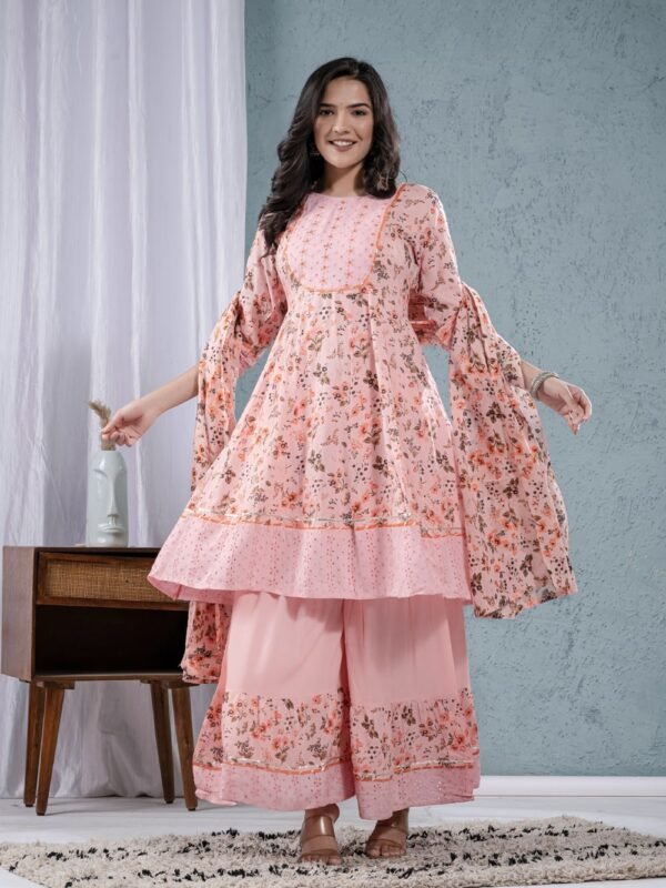 Pink Rose Cotton Floral Sharara Set  