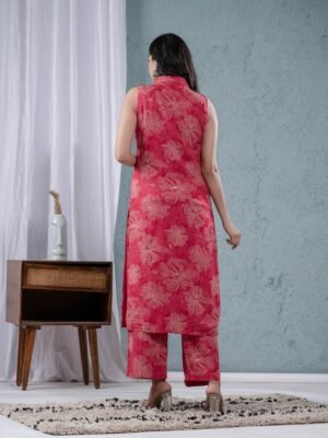 Raspberry Rayon Foil Floral Printed Collar Straight kurta with Palazzo