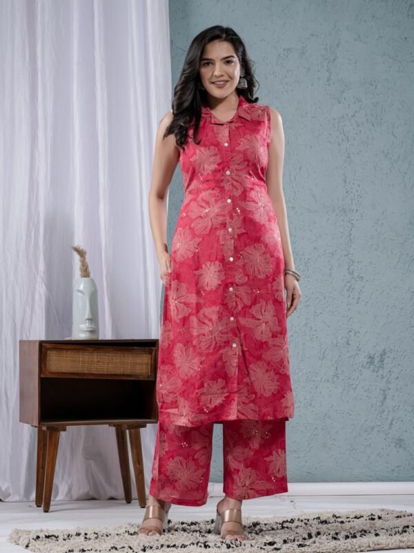 Raspberry Rayon Foil Floral Printed Collar Straight kurta with Palazzo  