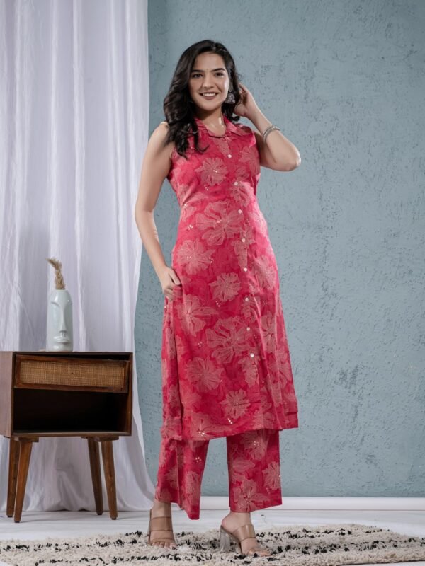 Raspberry Rayon Foil Floral Printed Collar Straight kurta with Palazzo  