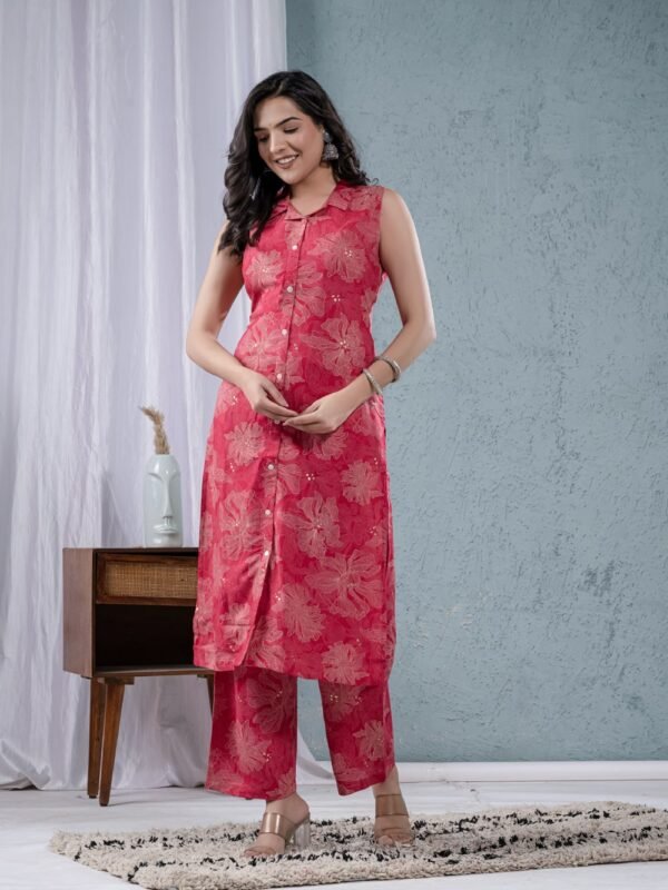 Raspberry Rayon Foil Floral Printed Collar Straight kurta with Palazzo  