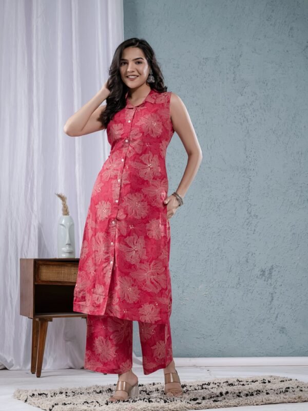 Raspberry Rayon Foil Floral Printed Collar Straight kurta with Palazzo  