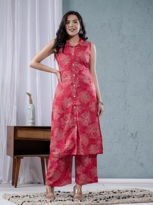 Raspberry Rayon Foil Floral Printed Collar Straight kurta with Palazzo  