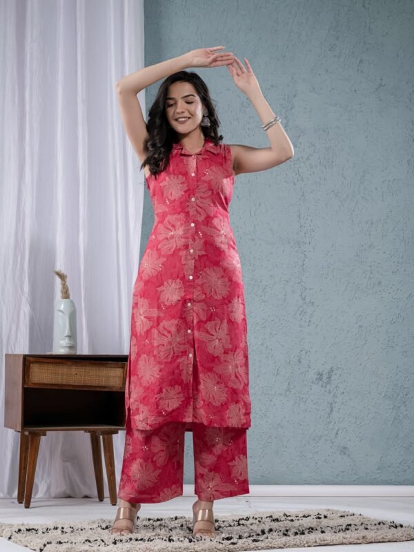 Raspberry Rayon Foil Floral Printed Collar Straight kurta with Palazzo  