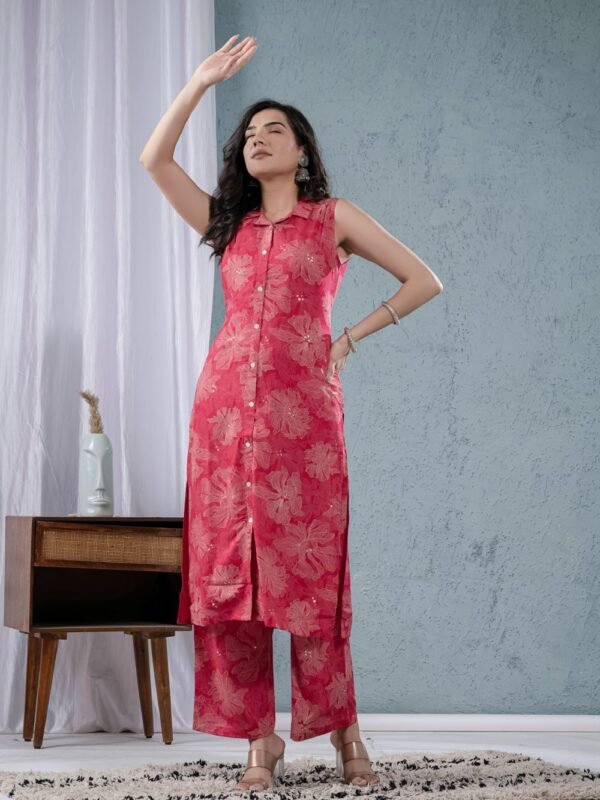 Raspberry Rayon Foil Floral Printed Collar Straight kurta with Palazzo  