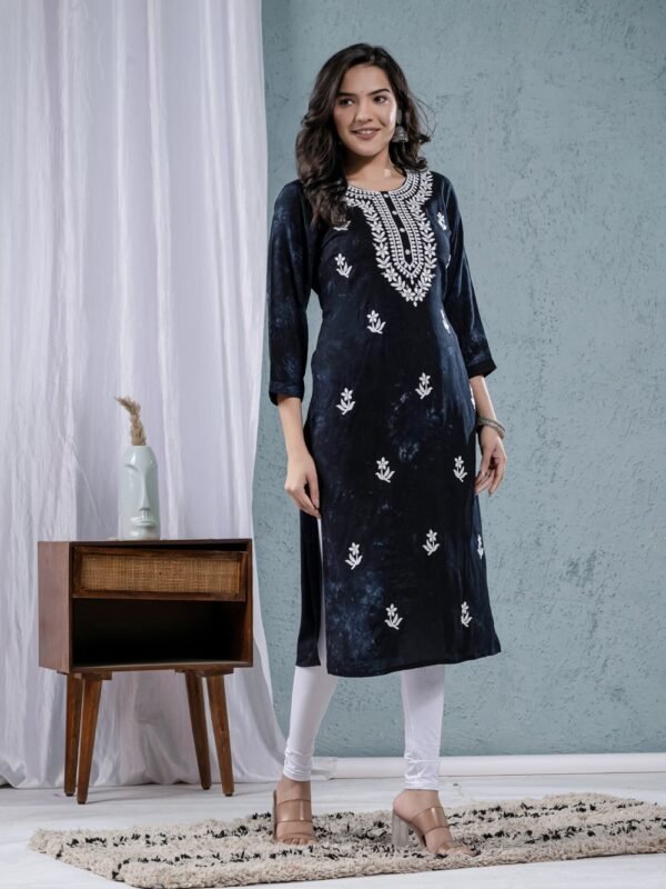 Black Rayon tie dye Chikankari Thread work Embroidery kurta  
