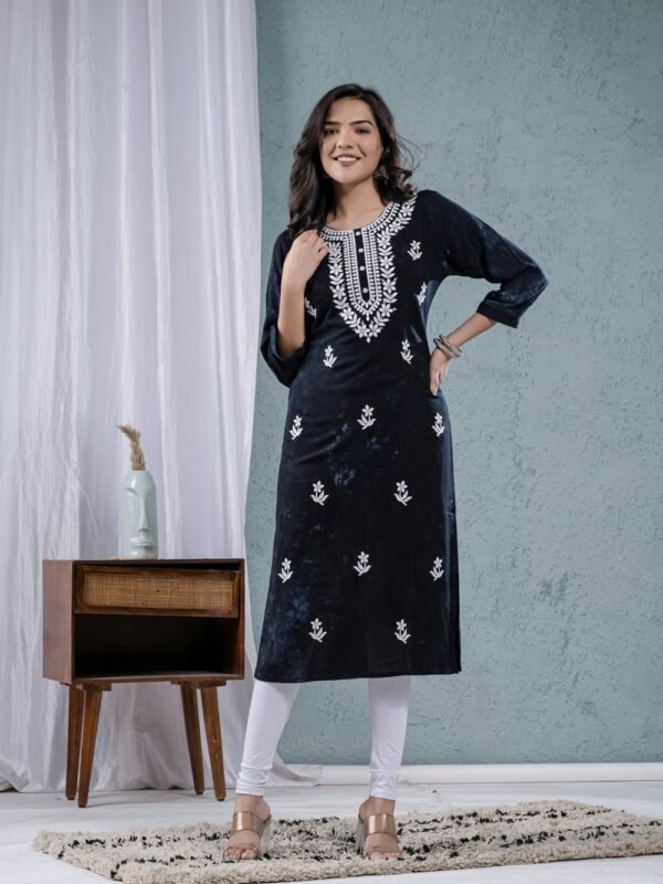 Black Rayon tie dye Chikankari Thread work Embroidery kurta  