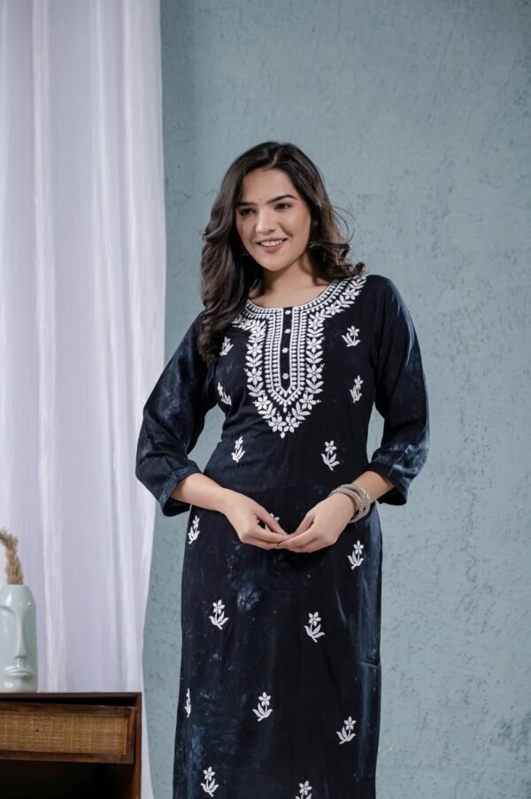 Black Rayon tie dye Chikankari Thread work Embroidery kurta  