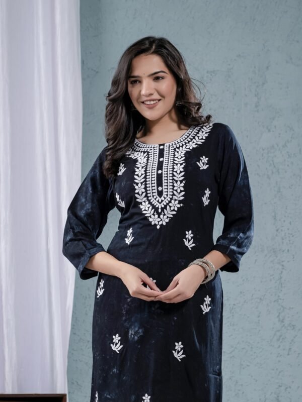 Black Rayon tie dye Chikankari Thread work Embroidery kurta  