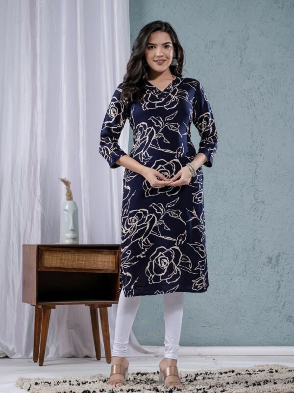 Navy Blue Digital Print Straight Kurta  