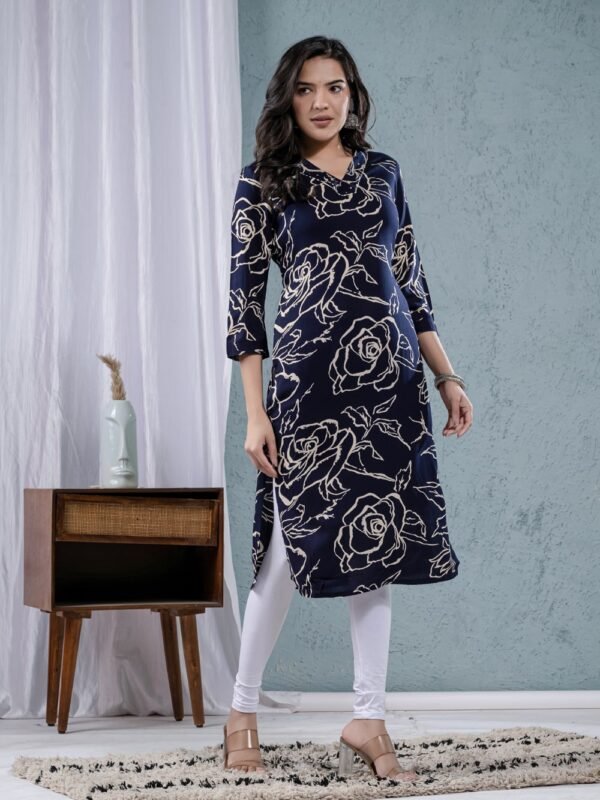 Navy Blue Digital Print Straight Kurta  