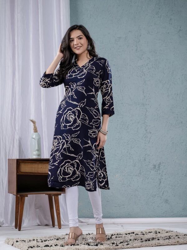 Navy Blue Digital Print Straight Kurta  