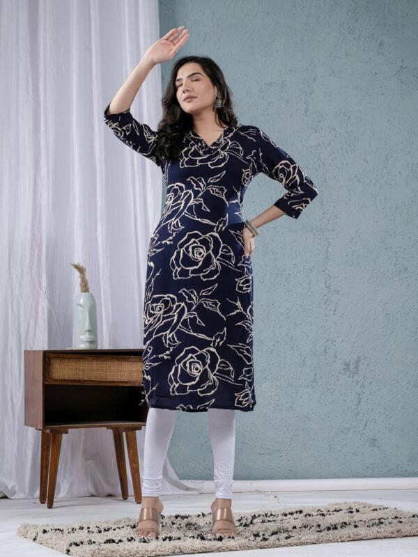 Navy Blue Digital Print Straight Kurta  