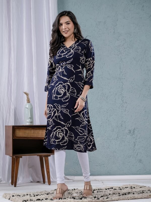 Navy Blue Digital Print Straight Kurta  