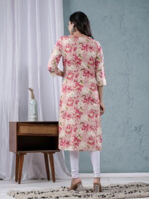 Beige Floral Print Embroidery Straight Kurta