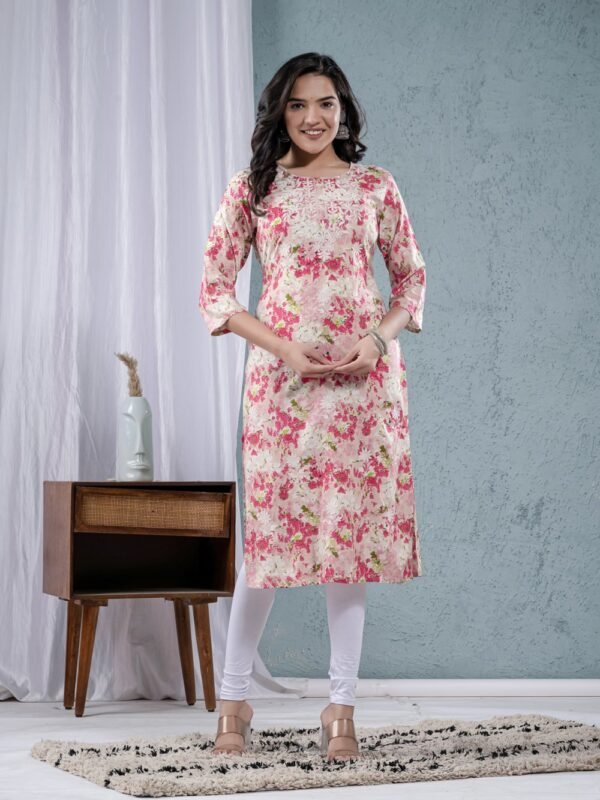 Beige Floral Print Embroidery Straight Kurta  