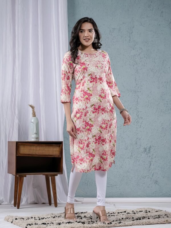 Beige Floral Print Embroidery Straight Kurta  