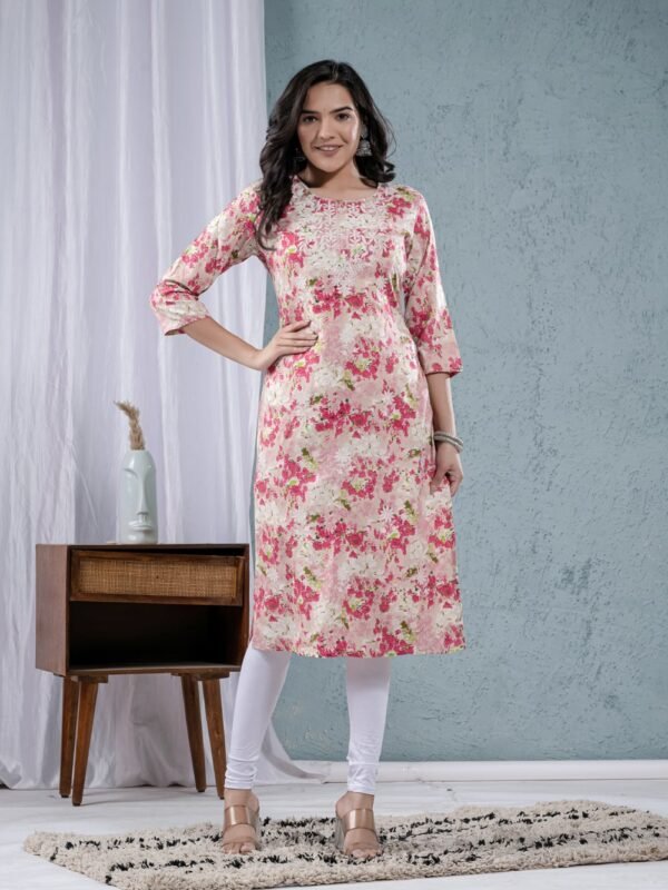 Beige Floral Print Embroidery Straight Kurta  