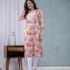 Beige Floral Print Embroidery Straight Kurta  