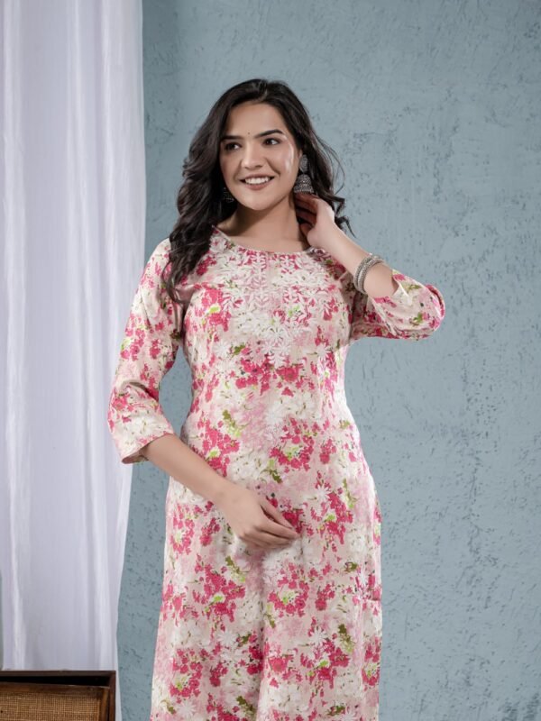 Beige Floral Print Embroidery Straight Kurta  