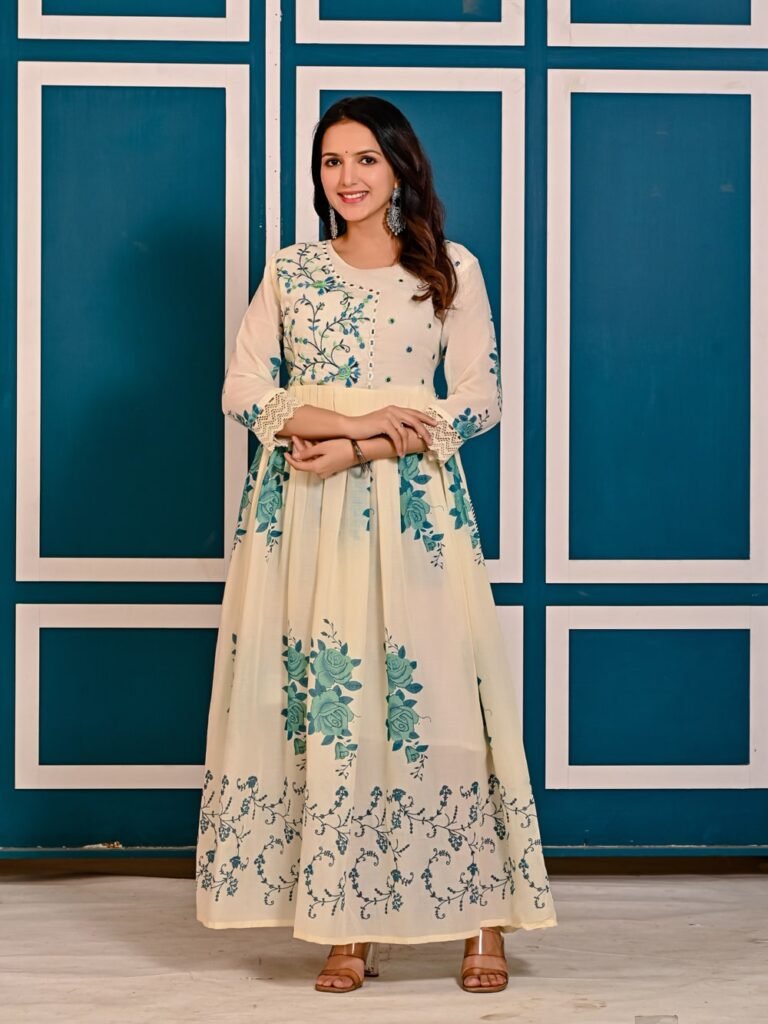 Ivory White Mulmul Cotton Floral Printed Anarkali Suit  
