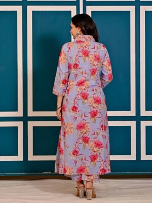 Lavender Blue Cotton Floral Printed Kurta Set